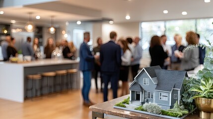 Real estate networking event showcasing a miniature model house in a modern interior setting with professionals discussing opportunities