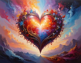 Heart-shaped art with swirling colors, set against a vibrant sky