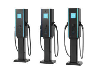 Three modern black electric vehicle charging stations with touchscreens, cables, and a minimalist design