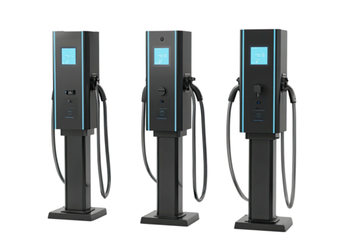 Three modern black electric vehicle charging stations with touchscreens, cables, and a minimalist design