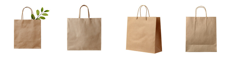 A series of brown paper bags showcasing different designs, with one featuring a small green leaf, emphasizing eco-friendliness.