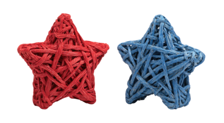 Two star-shaped objects, one red, one blue, each constructed of interwoven rubber bands