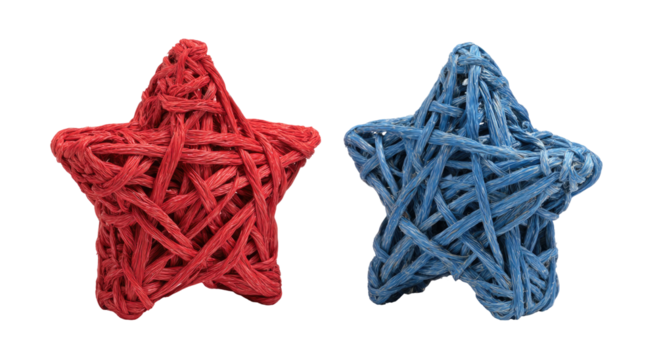 Two star-shaped objects, one red, one blue, each constructed of interwoven rubber bands