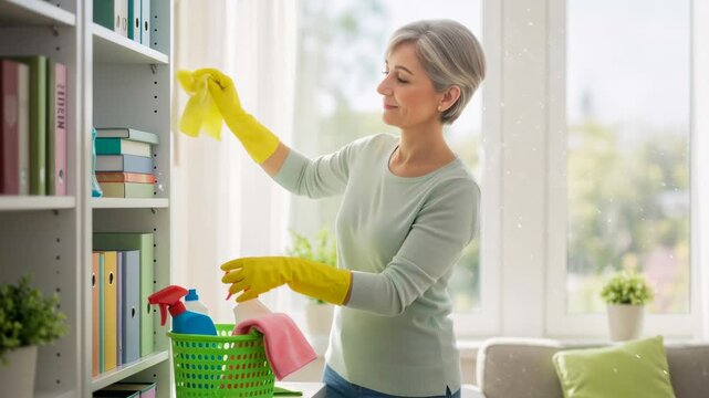 Happy woman in yellow gloves cleaning bookshelf. Housewife doing household chores. Cleaning service, routine, and care footage. - Powered by Adobe