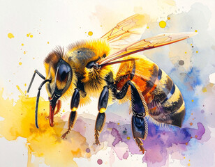 Artistic watercolor painting of a bee using soft brush strokes and bright tones. Perfect for wall art, posters, nature prints, and handmade design projects.