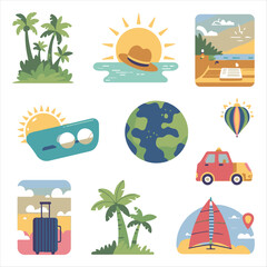 Summer Travel and Vacation Stickers Set - Retro Cartoon Flat Vector Illustrations