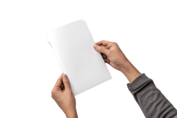 Human hand holding a blank white booklet or folded brochure, isolated on a transparent background. Ideal for showcasing branding, flyer layouts, product catalogs, menu designs, or corporate print pres