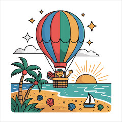 Cartoon Hot Air Balloon Flying Over Tropical Beach Sunset - Summer Travel Vector