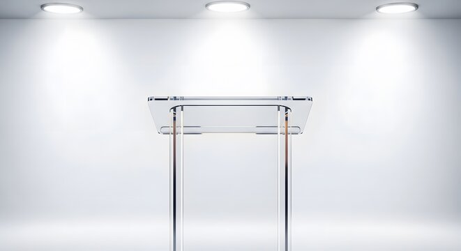 Crystal clear podium on a bright stage ready for a speaker to inspire and motivate audiences with engaging talks and announcements during events