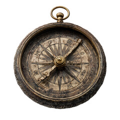 Close-up of an antique brass compass. Detailed view, black background, directional instrument