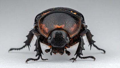 Detailed macro of a dark beetle with orange markings, isolated