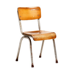 Isolated, aged, child-sized wooden chair with metal frame against a black backdrop