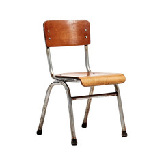 A classic, simple child-sized wooden chair with metal frame, isolated on a black background