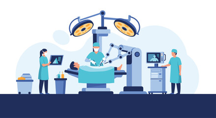 Robotic surgery assists medical professionals in advanced operating room.