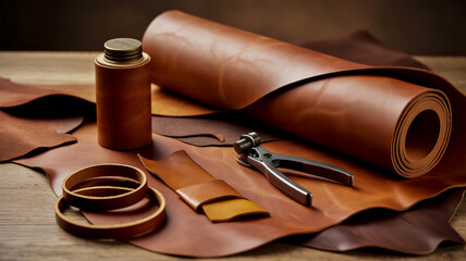 Leather Crafting Supplies Including Rolled Leather, Tools, and Scraps on a Wooden Surface materials