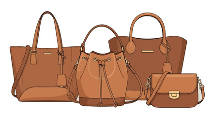 Suede and Leather Handbags Vector Set.Vector illustration of elegant handbags made from suede and leather, including tote and crossbody styles in caramel and mocha tones, autumn fashion accessory conc