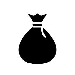 Simple black silhouette of a tied money bag icon. Perfect for finance, savings, donation, or reward illustrations. Minimalist vector design with a clean and modern look.