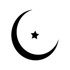 Minimal crescent moon and star silhouette symbol in black on a white background. Perfect for Islamic art, Ramadan themes, and spiritual design projects. Elegant celestial vector illustration.