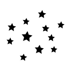 Simple black star icons scattered on a white background in minimalist design. Perfect for celestial patterns, decoration, and graphic elements. Clean modern star silhouette illustration.