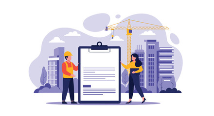 Construction workers reviewing plans on a clipboard with buildings and a crane in the background.