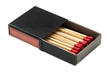 Open black matchbox filled with wooden matches featuring red ignition tips, isolated on a transparent background. Ideal for safety concepts, fire-themed graphics, camping equipment designs, survival k