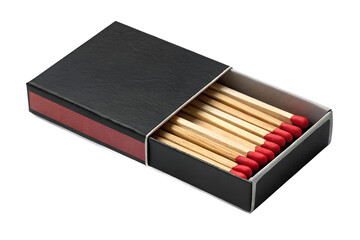 Open black matchbox filled with wooden matches featuring red ignition tips, isolated on a transparent background. Ideal for safety concepts, fire-themed graphics, camping equipment designs, survival k
