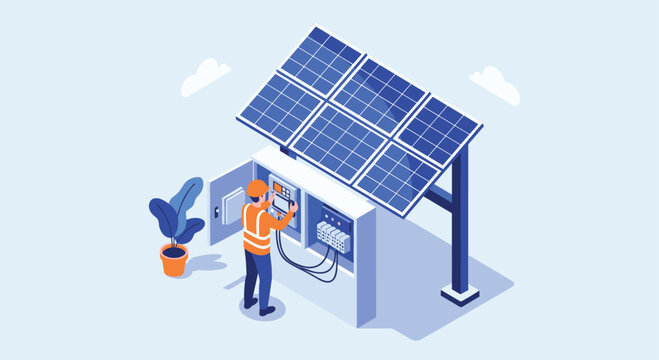 An engineer checks the solar panel system for efficiency and function.