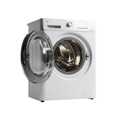 White front-loading washing machine with an open door, isolated on a black background