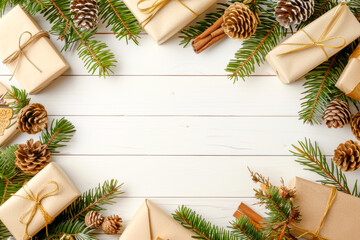 Fototapeta premium Elegant christmas envelope surrounded by golden gifts and pine branches on a light background