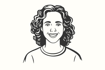 Smiling woman portrait featuring outlined facial detail and striking curly hair in black and white