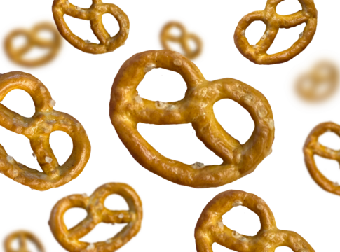 Flying pretzels isolated on white