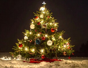 Illuminated Christmas tree adorned with ornaments and lights in snow