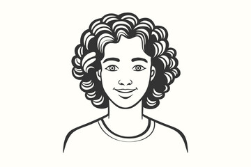 Stylized monochrome portrait shows a smiling young woman with curly hair looking forward