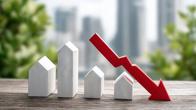 Decrease in real estate market trends with white house models and a red downward arrow set against a city skyline background