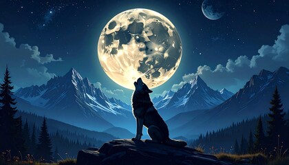 Wolf Howling at the Full Moon in a Mountainous Landscape.