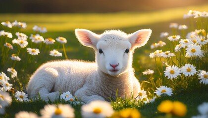 a fluffy white lamb lying calmly in a sunlit meadow filled with blooming white and yellow daisies