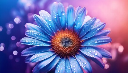 close up of vibrant blue daisy flower covered with water droplets against a soft purple and pink blurred background emitting a peaceful and serene atmosphere
