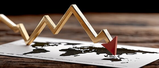 Economic downturn shown through a downward trend line over global map highlighting affected regions in financial markets