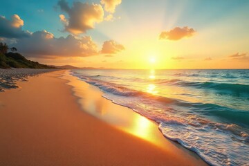 Obraz premium Sun-drenched golden sand stretches to the horizon, gentle waves lapping the shore Perfect for relaxation and escape; a tranquil beach scene at sunset , daytime, waves, warmth