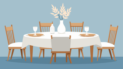 A dining table set with crisp white linens simple wooden chairs and a ceramic vase filled with dried eucalyptus branches.
