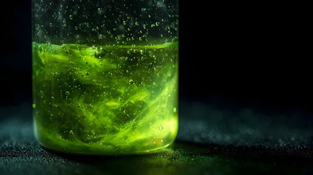 Fluorescent green liquid swirls and bubbles within a glass container creating abstract patterns