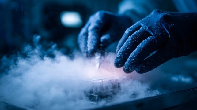 Researcher s gloved hands carefully handle vials in a foggy cryogenic laboratory environment