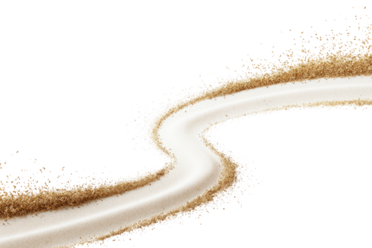 Beige granular substance forming a curvy path against a black backdrop, scattering across the frame