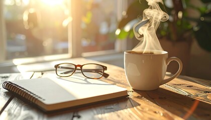 Steaming Coffee by Notebook and Glasses in Sunlight