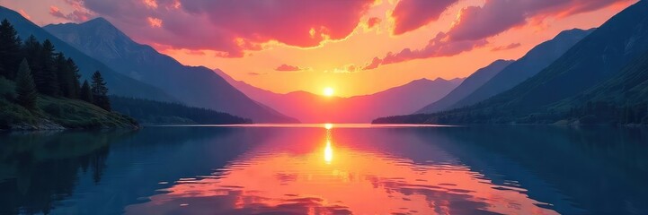 Fototapeta premium Serene mountain lake reflecting a vibrant sunset, embodying tranquility and the spiritual connection with nature Perfect for meditation, mindfulness, and wellness themes , balance, majestic
