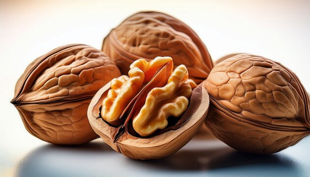 a close up shot of several walnuts one of which is cracked open to reveal the nut meat