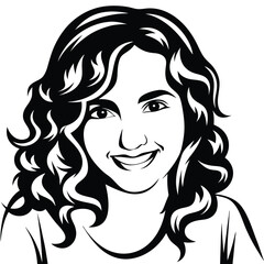 Smiling young woman with curly hair has a happy expression in the black art