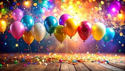 Vibrant Celebration with Colorful Balloons and Confetti on Wooden Floor.