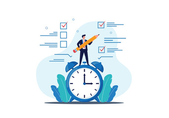 A businessman standing on a clock holding a large pencil with a checklist in the background symbolizing effective time management and productivity.