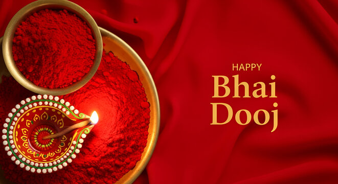 Image is a festive greeting card style layout featuring a traditional Indian theme. On the left side, there is a brass bowl filled with vibrant red vermilion powder, symbolizing auspiciousness. Restin